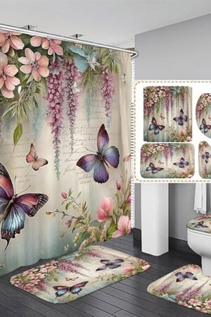 ZLQQ 4Pcs Spring Themed Shower Curtain Set with Rugs Vintage Butterflies Bathroom Sets Floral Shower Curtain with 12 Hooks Bathroom Decor with Rugs Bath Accessories with Mats Toilet Lid Cover