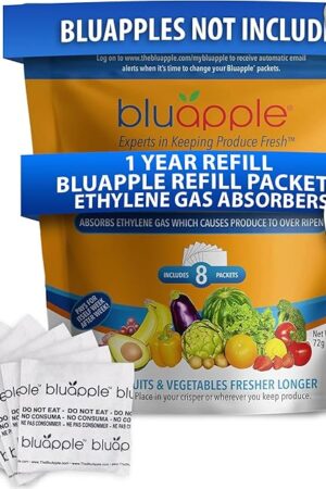 Bluapple Produce Saver Refill Kit - Keep Fruits & Vegetables Fresh Longer, Veggie & Fruit Saver, 8 Packets (9 grams each), Lasts up to 3 Months, Produce Storage, Ethylene Gas Absorber, Made in USA