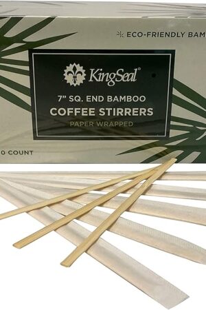500 Count | KingSeal Individually Paper Wrapped Bamboo Coffee Stir Sticks, 7 inches, Square End, 100% Renewable and Biodegradable - 1 Box of 500 Stirrers