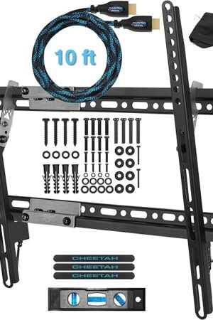Cheetah 165lb Capacity Tilt TV Mount fits 32-85 Inch TVs with Max VESA 600x400, Flat Universal Wall Mount Bracket with 1.3" Ultra Low Profile Adjusts to 15 Degree Tilt and fits All Studs up to 24"