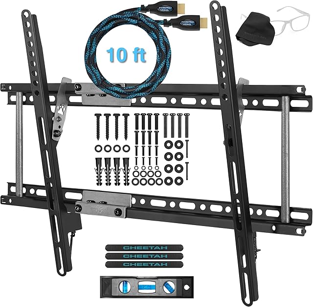 Cheetah 165lb Capacity Tilt TV Mount fits 32-85 Inch TVs with Max VESA 600x400, Flat Universal Wall Mount Bracket with 1.3" Ultra Low Profile Adjusts to 15 Degree Tilt and fits All Studs up to 24"