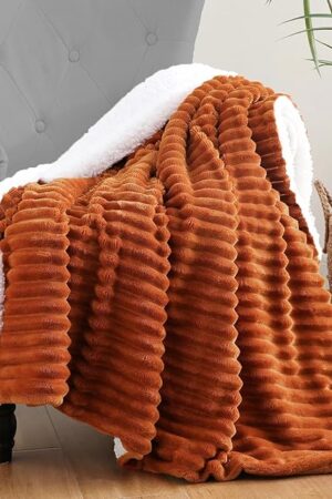 Burnt Orange Sherpa Fleece Throw Blanket 50?×60? for Couch Sofa Bed,Double Side Soft Fuzzy Cozy Plush Thick Flannel Blanket with Striped Design Gift for Mother Woman