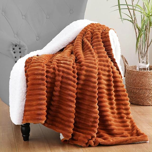 Burnt Orange Sherpa Fleece Throw Blanket 50?×60? for Couch Sofa Bed,Double Side Soft Fuzzy Cozy Plush Thick Flannel Blanket with Striped Design Gift for Mother Woman