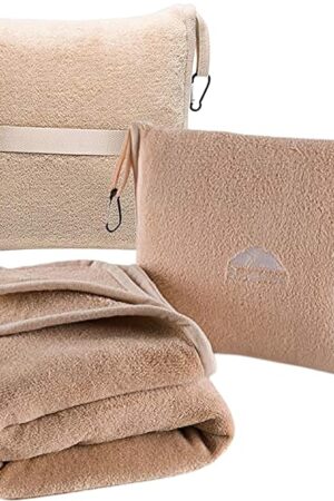 BlueHills Premium Soft Travel Blanket Pillow Airplane Blanket Packed in Soft Bag Pillowcase with Hand Luggage Belt Backpack Clip Compact Pack Large Portable Flight Throw Beige T005