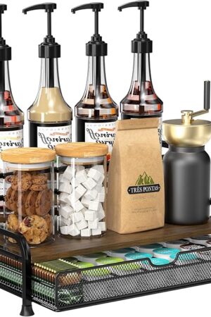 Coffee Syrup Rack Organizer, 3-Tier 8 Bottles Syrup Rack with 35 K Cup Storage Basket for Coffee Bar, Countertop Bottle Holder Stand for Wine, Dressing for Kitchen Cafe Station