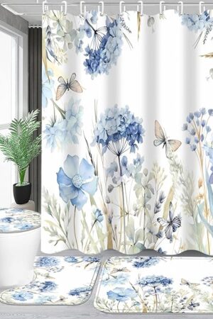 4-Piece Blue Floral Shower Curtain Butterfly Flowers Bathroom Set with Shower Curtain and Rugs, Blue White Bath Set with Hooks for Farmhouse Home Decor