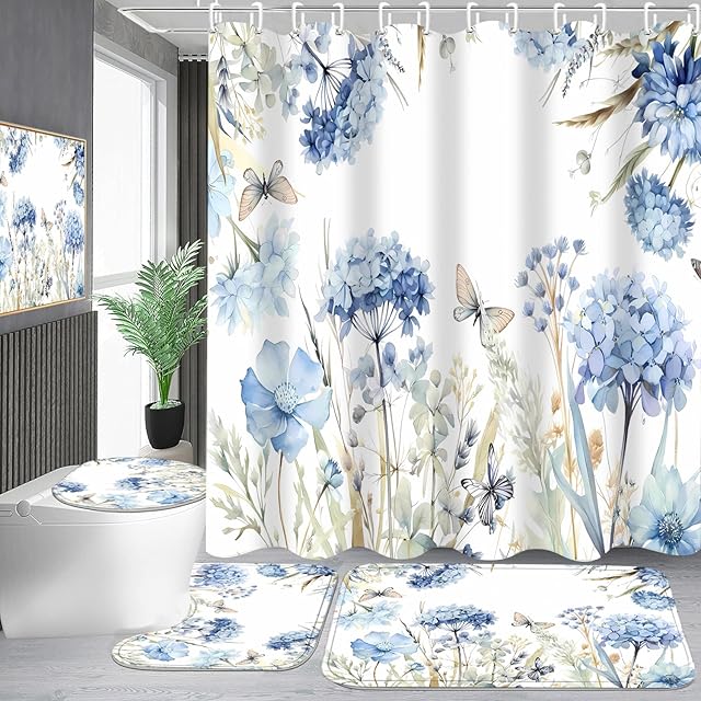 4-Piece Blue Floral Shower Curtain Butterfly Flowers Bathroom Set with Shower Curtain and Rugs, Blue White Bath Set with Hooks for Farmhouse Home Decor