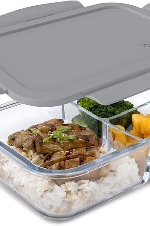 Bentgo Glass Lunch Box - Leak-Proof Bento-Style Food Container with Airtight Lid and Divided 3-Compartment Design - 5 Cup Capacity for Meal Prepping, and Portion-Controlled Meals for Adults (Gray)