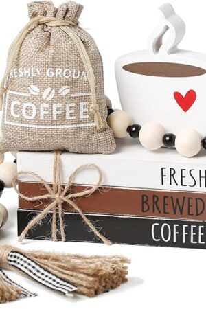 Coffee Bars Decor, 6 PCS Coffee Bar Decorations,Mini Wooden Book Stacks with Bead Garland, Coffees Bar Accessories for Tiered Tray,Table,Shelf,Rustic Farmhouse Home Decor