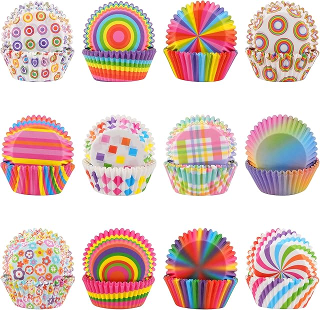 600 Pack Rainbow Cupcake Liners Cupcake Baking Cups Standard Size Rainbow Muffin Liners for Wedding Birthday Pride Party Candy Cake Decorations Supplies(12 Styles)