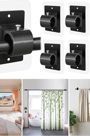 6PCS No Drill Curtain Rod Brackets,Self Adhesive Curtain Rod Holder No Drilling,Renter Friendly Drapery Rod Hook,Nail Free Adjustable Non Screw Draper Pole for Apartment Window Wall Door Ceiling Mount