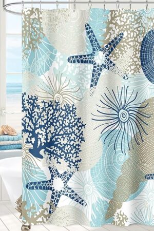 Beach Ocean Themed Shower Curtain, Cute Nautical Coastal Shower Curtain for Bathroom Decor, Summer Tropical Seashell Starfish Coral Fabric Shower Curtain Set with Hooks, Teal Blue, 72x72