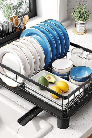 Dish Drying Rack - Small Dish Rack for Kitchen Counter, Stainless Steel Dish Drainer with Utensil Holder and Drainboard (Black)