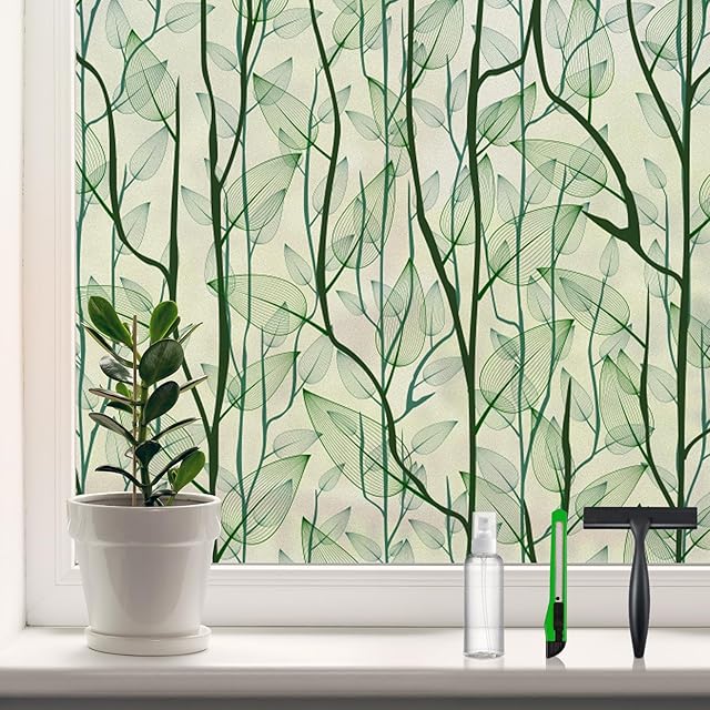 DKTIE Window Film Privacy with Installation Tools, Decorative Stained Glass Window Clings for Home, Static Cling Window Sticker for Front Door, Bathroom, Glass Door (Dark Green, 17.7'' x 78.7'')