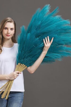7 Pcs 45" Faux Pampas Grass – Fluffy Artificial Pompous Grass for Tall Floor Vase, Non-Shedding Home Decor, Boho Wedding Flowers, Baby Shower Centerpieces, Bedroom & Living Room Decor (Blue)