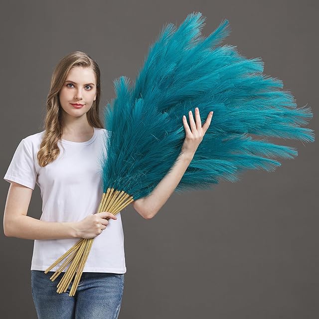 7 Pcs 45" Faux Pampas Grass – Fluffy Artificial Pompous Grass for Tall Floor Vase, Non-Shedding Home Decor, Boho Wedding Flowers, Baby Shower Centerpieces, Bedroom & Living Room Decor (Blue)