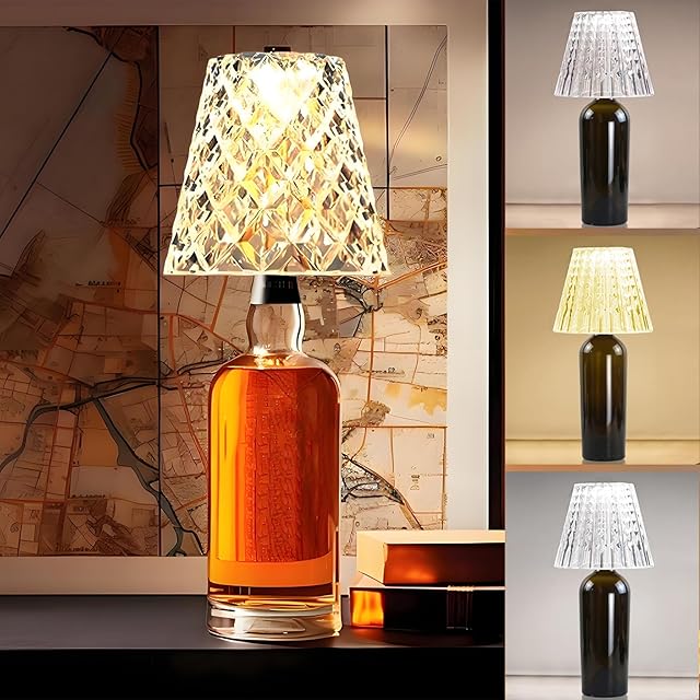Crystal Clear Bottle Light, Table lamp, Rechargeable LED Wine Lamp, Acrylic Lampshade, 2000mAh, 3 Colors, Bottle Lamp