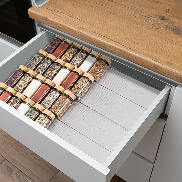 Acrylic Spice Drawer Organizer, 4 Tier- 4 Pack Clear Spice Rack Tray for Drawer/Countertop, Expandable From 11'' to 22'' Kitchen Seasoning Organizers(Jars Not Included)