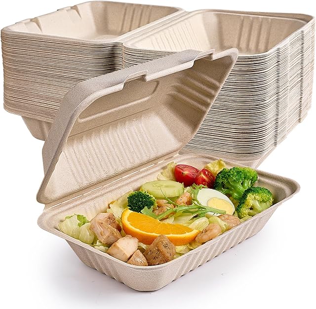 ECOLipak 75 Pack Clamshell Take Out Food Containers, 100% Compostable To Go Containers Disposable, 9X6 inch Heavy-Duty To Go Boxes, Eco-Friendly Biodegradable To Go Containers For Food