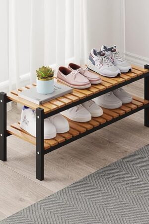 Bamboo Shoe Rack Organizer for Closet and Entryway - Space-Saving Narrow Shoe Stand - Versatile Shoe Holder for Door or Closet Shelf, Garage Bedroom can Freely Stack DIY Small Shoe Racks 2 Tier