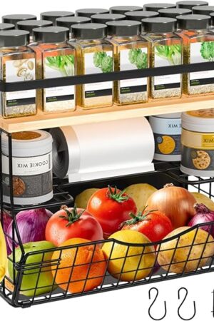 3-Tier Magnetic Shelf for Fridge with Divider & Bamboo Top, Fruit Basket Potato and Onion Storage Bins, Kitchen Large Container Magnetic Spice Rack for Refrigerator, Kitchen Counter, Fridge Organizer