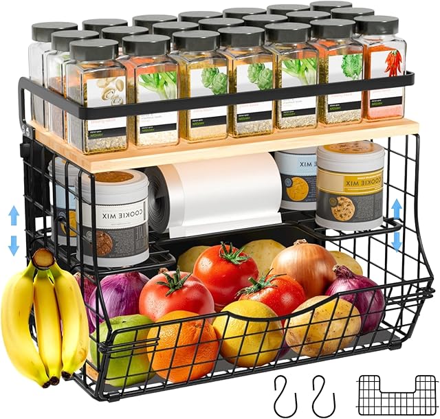 3-Tier Magnetic Shelf for Fridge with Divider & Bamboo Top, Fruit Basket Potato and Onion Storage Bins, Kitchen Large Container Magnetic Spice Rack for Refrigerator, Kitchen Counter, Fridge Organizer