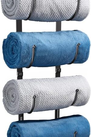 Bathroom Rolled Towel Rack: 4-Tier Wall Mounted Towel Storage Holder, Hanging Organizer for Towels, Blankets, Large Bath Sheets, Space Saving in RV, Closet, Toilet, Cabinet, Black Metal