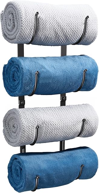 Bathroom Rolled Towel Rack: 4-Tier Wall Mounted Towel Storage Holder, Hanging Organizer for Towels, Blankets, Large Bath Sheets, Space Saving in RV, Closet, Toilet, Cabinet, Black Metal