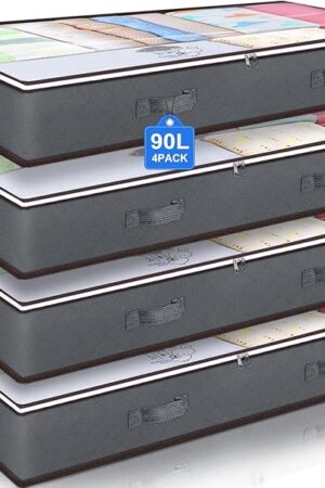 Budding Joy 90L Under Bed Storage Containers, Closet Organizers and Storage Bins, Foldable Underbed Storage Bags for Blanket, Clothing, Comforter, Sweaters, Pillows, Linen Sheets, Wrapping Paper, Grey