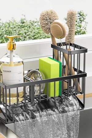Cisily Kitchen Sink Caddy Organzier with High Brush Holder, Sponge Holder for Sink, 304 Rustproof Stainless, Kitchen Countertop Soap Dispenser Organizer, Kitchen Decor and Accessories