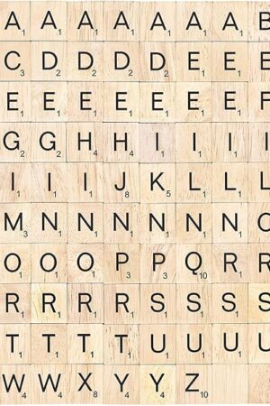 The PINOWU 100pcs Wood Letter Tiles for Scrabble, Replacement for Scrabble Letters with Wood Racks and Cloth Gift Bag Craft Playing Alphabet Coasters and Wall Decoration