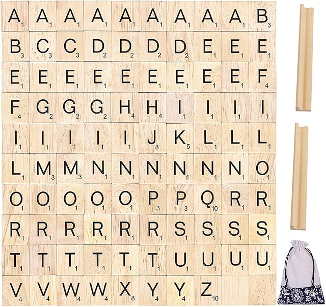 The PINOWU 100pcs Wood Letter Tiles for Scrabble, Replacement for Scrabble Letters with Wood Racks and Cloth Gift Bag Craft Playing Alphabet Coasters and Wall Decoration