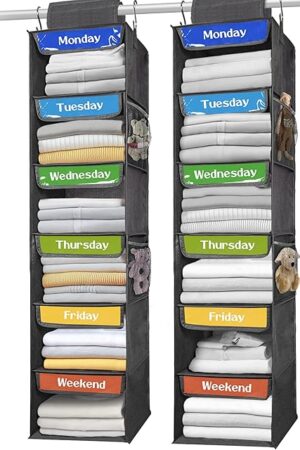 AELS 6-Shelf Weekly Clothes Organizer Set of 2, Hanging Closet Organizer for Kids & Adults, Monday Through Friday with Visual Label, Prepare & Organize Clothing, Shoes & After School Activities