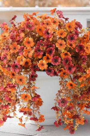 Artificial Faux Mums Fall Flowers for Outdoor Outside Decoration, 2 PCS Fake Silk Daisy Flower Plants Realistic UV Resistant for Home Porch Balcony Patio Autumn Decor (Orange Brown