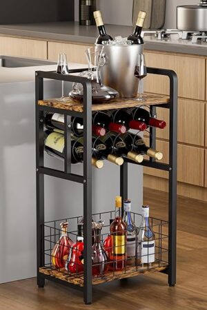 3-Tier Wine Rack Freestanding Floor with Wood Top, Liquor Stand with Wine Bottle Holder, Corner Mini Bar Table for Small Space, Metal Whiskey Shlef for Kitchen, Cellar, Living Room, Black
