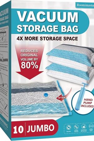 Vacuum Storage Bags, 10 Jumbo Space Saver Bags with Pump, Space Bags, Vacuum Sealer Bags for Clothes, Comforters, Blankets, Bedding