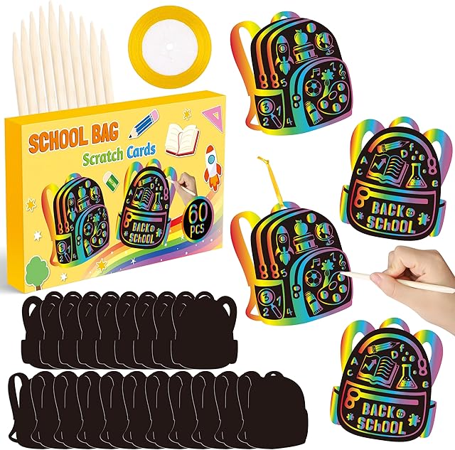 The B1ykin School Bag Scratch Cards Gift - Back to School Magic Bag Scratch Paper Art Kit for Kids, DIY First Day of School Scratch Off Hanging Card Party Favors for Classroom Activity Art Project