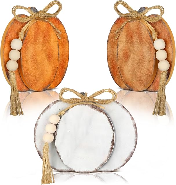 3 Pcs Fall Pumpkin Decor Fall Wooden Signs 3D Pumpkin Tabletop Signs Farmhouse Thanksgiving Tiered Tray Decorations Block Centerpieces for Home Kitchen Harvest(Classic Colors)