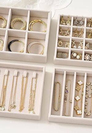 Velvet Jewelry Drawer Organizer Trays – Beige Stackable Jewelry Storage Inserts Set, 4-Layer Jewelry Tray Set for Earrings, Rings, Necklaces, Bracelets with Removable Dividers for Dresser & Vanity