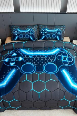 akkialla Gaming Twin Size Bedding Set for Kids Boys Girls and Teens,Game Controller Comforter Set(2 Pieces) Down Alternative Comforter for All Seasons,Gamer Home Decor(Blue,Twin)