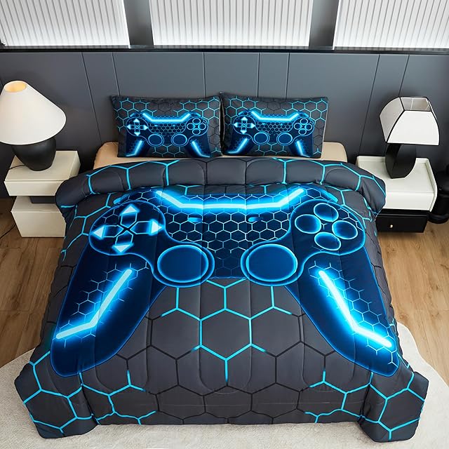 akkialla Gaming Twin Size Bedding Set for Kids Boys Girls and Teens,Game Controller Comforter Set(2 Pieces) Down Alternative Comforter for All Seasons,Gamer Home Decor(Blue,Twin)