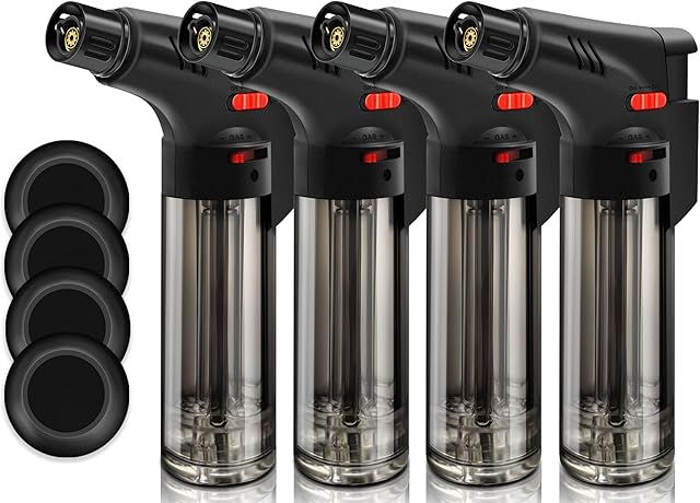 4 Pack of Torch Lighter, Powerful Windproof Jet Flame, Butane Gas Refill, with Safety Lock, Mini Blow Torch Lighters for Candle, Firework (NO Gas)