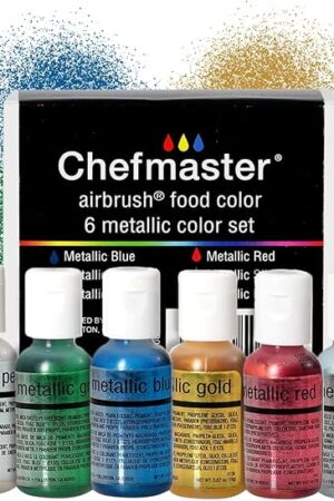 Chefmaster 6-Bottle Set of Metallic Airbrush Food Coloring, Rich Colors, Edible Glitter, Professional-Grade Dye for Icing, Frosting, Fondant, Chocolate, Made in USA, 0.67 oz Each