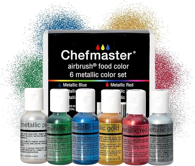 Chefmaster 6-Bottle Set of Metallic Airbrush Food Coloring, Rich Colors, Edible Glitter, Professional-Grade Dye for Icing, Frosting, Fondant, Chocolate, Made in USA, 0.67 oz Each