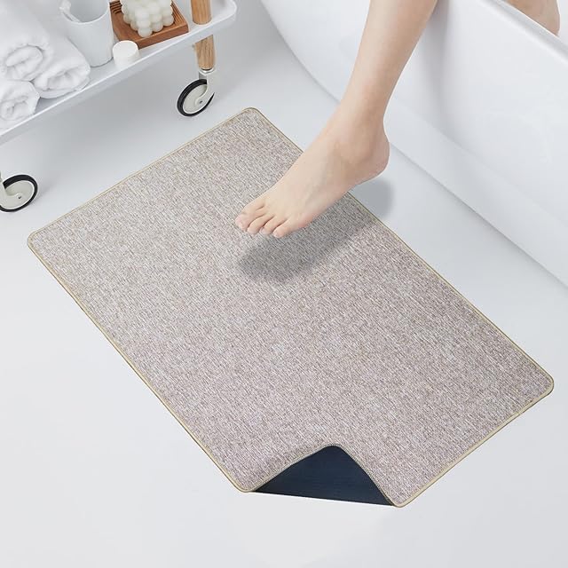 Yancorp Thin Bathroom Rugs 16"x 28" Non-Slip Rubber Bath Mats Quick Dry Bath Rugs, Cozy Cloth Mat fit Under Door, Sink, Bathtub, Floor, Shower, Khaki