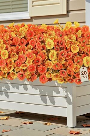 20 Bundles Artificial Fall Flowers for Outdoors Decoration, UV Resistant Silk Colorful Morning Glory Realistic Faux Flowers Plants for Planter Porch Patio Yard Balcony, Fall Yellow&Orange