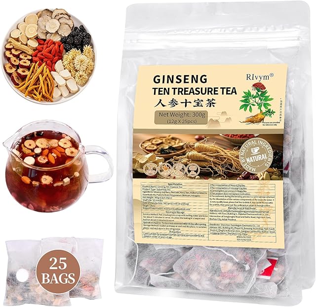 25Pcs Ginseng Ten Treasures Tea, Chinese Traditional Kidney Care | 10 Precious Ingredients | Natural Kidney Cleanse | for Women & Men | (25Bags, 300g)