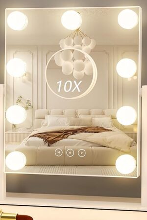 Vanity Mirror with Lights, Hollywood Vanity Makeup Mirror with 9 Dimmable LED Bulbs, 3 Color Lighting Modes, Detachable 10X Magnification, 360°Rotation,White