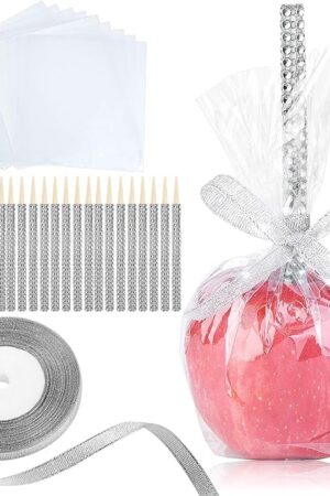 24 Pack Bling Candy Apple Sticks and Bags Kits, Caramel Apple Wooden Skewers,Food Bamboo Decorative Sticks for Rice Krispie Treats Cookie Cake Pops Corn Dogs with Glass Wrapper Glitter Ribbons Tie