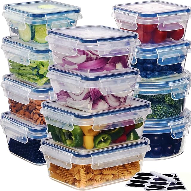24-Pack Airtight Food Storage Container Set kitchen organizers Leakproof Meal Prep Containers Lock Lids BPA-Free Durable Plastic For Lunch With 12 Boxes and 12 Lids Pantry and Kitchen Organization